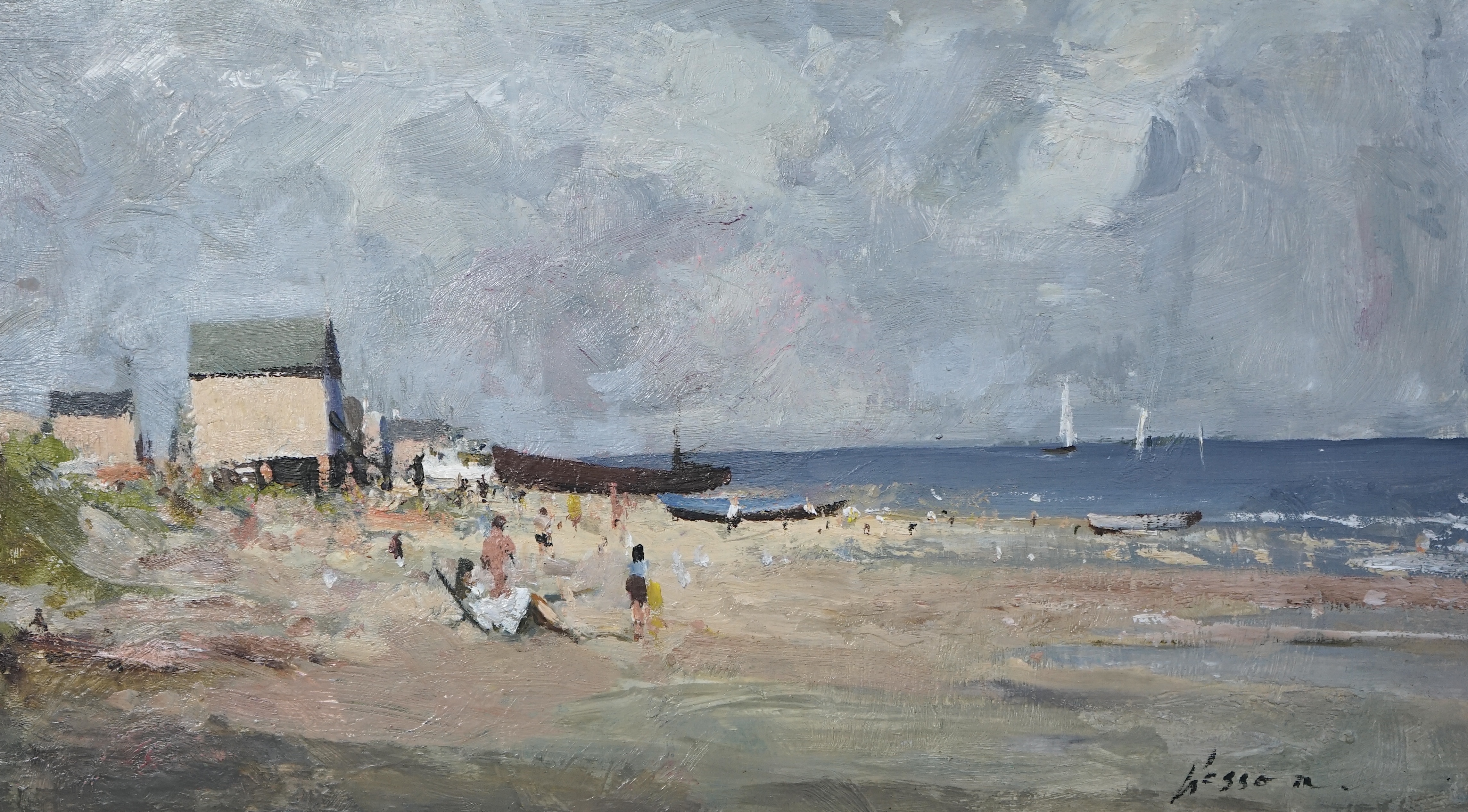 Edward Wesson (English, 1910-1983), 'Holiday beach - Plage de Vacances', oil on board, 21 x 37cm